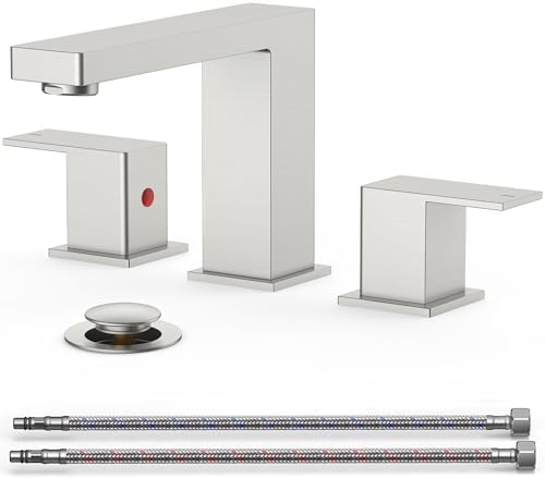 FORIOUS Brushed Nickel Bathroom Faucet for Sink 3 Hole 2 Handle, Stainless Steel Square 8" Widespread Bathroom Vanity Faucets Brushed Nickel 3 Hole with Metal Pop Up Drain, CUPC Water Hoses