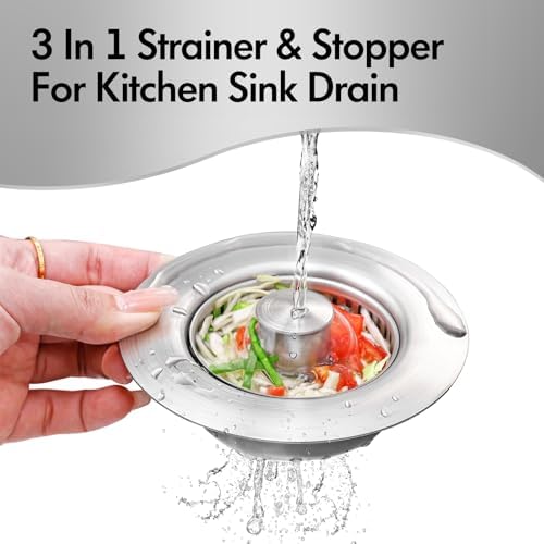 3 in 1 Kitchen Sink Drain Strainer & Sink Stopper, 304 Stainless Steel Pop Up Sink Drain Stopper with Anti-Clogging Basket for US Standard (Silver - 2 Pack)