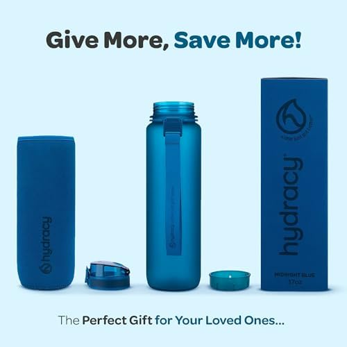 Hydracy Water Bottle with Time Marker -Large BPA Free Water Bottle & No Sweat Sleeve -Leak Proof Gym Bottle with Fruit Infuser Strainer & Times to Drink -Ideal for Fitness Sports & Outdoors