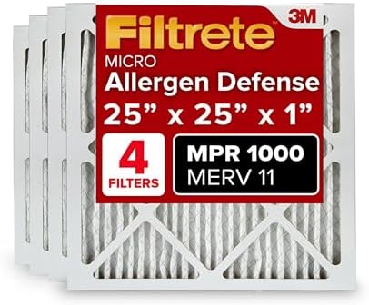 Filtrete 25x25x1 AC Furnace Air Filter, MERV 11, MPR 1000, Micro Allergen Defense, 3-Month Pleated 1-Inch Electrostatic Air Cleaning Filter, 4 Pack (Actual Size 4-Pack 24.688x24.688x0.813 in)