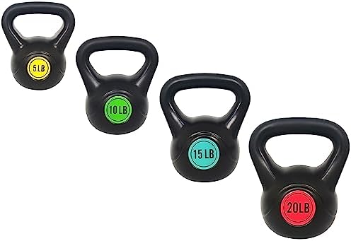 Wide Grip 3-Piece Kettlebell Exercise Fitness Weight Set, Include 5 lbs, 10 lbs, 15 lbs and 20 lbs, Set of 3 or Set of 4