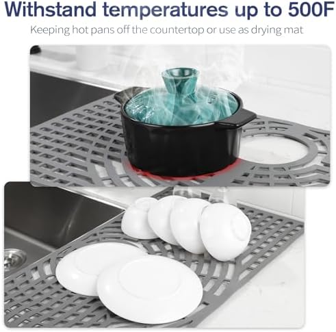 Silicone Sink Protector 30"x16" Rear Drain Hole, Heat Resistant Non-slip Dishwasher Suitable, Large Sink Mat for Bottom of Farmhouse Kitchen Stainless Steel Sink