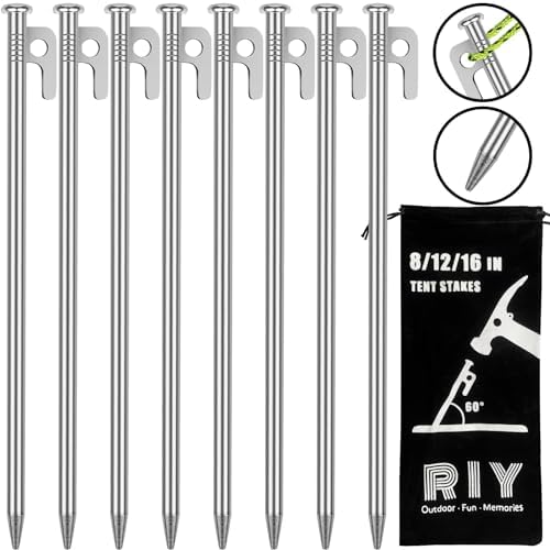 8 Pack Tent Stakes Heavy Duty 12 inch Steel Tent Pegs for Camping Unbreakable and Inflexible