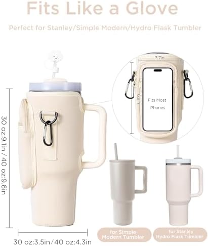 dabria Water Bottle Carrier Bag with Phone Pocket for Stanley 40/30 oz Tumbler Neoprene Water Bottle Holder Pouch with Adjustable Strap Bollus with Straw Cover & Carabiner for Stanley Cup Accessories