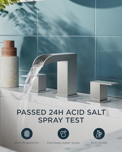 FORIOUS Square Brushed Nickel Bathroom Faucets 3 Hole, Waterfall 8 Inch Widespread Bathroom Sink Faucet with Metal Pop-up Drain and Supply Lines, Two Handles for Vanity, Lavatory, Restroom