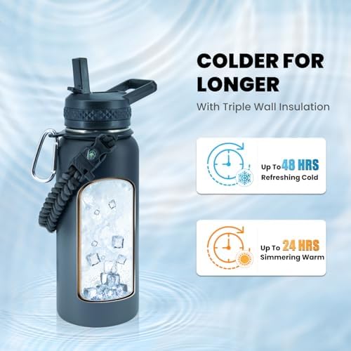 Insulated Water Bottle 32 oz, Triple Wall Vacuum Stainless Steel (Cold for 48 Hrs), Leak Proof & Non-BPA, Modern Water Flask Jug with Paracord Handle & Straw Spout Lids, Dark Grey