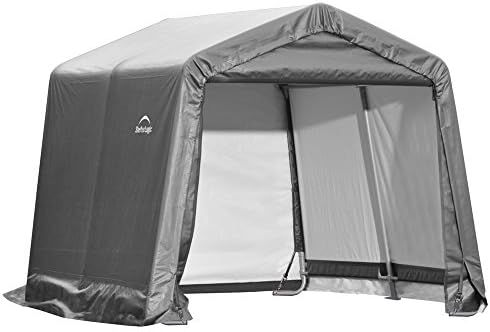 ShelterLogic 10' x 10' Shed-in-a-Box All Season Steel Metal Peak Roof Outdoor Storage Shed with Waterproof Cover and Heavy Duty Reusable Auger Anchors, grey
