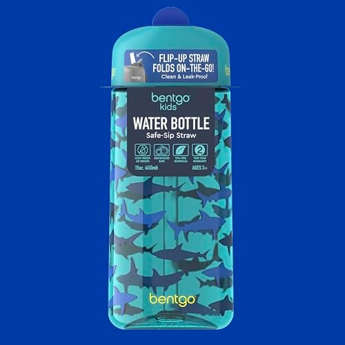 Bentgo Kids Water Bottle - Leak-Proof, Durable Tritan, BPA-Free 15 oz. Cup for Kids/Toddlers Ages 3+, Safe Sip Spout, Carrying Handle, & Dishwasher Safe for School, Sports, Daycare & Camp (Sharks)