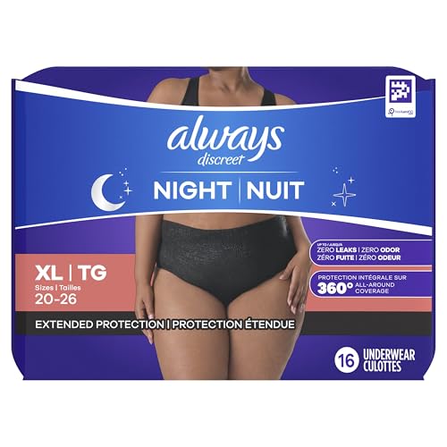 Always Discreet Adult Incontinence Overnight Underwear for Women, Extra Large, Up to 100% Bladder Leak Protection, 48 Count (3 Packs of 16)