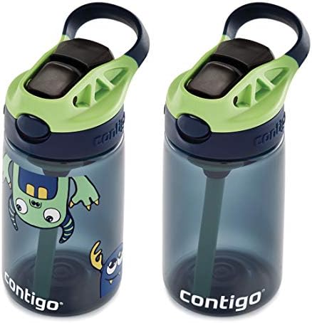 Contigo Aubrey Kids Water Bottle, Cleanable Silicone Straw, Spill-Proof Lid, Dishwasher Safe, 14oz 2-Pack, Blueberry & Monsters Theme