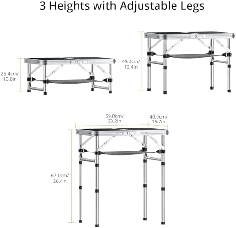 Folding Camping Table, Aluminum 24" x 16" Adjustable Height Small Folding Table with Carrying Handle, Lightweight, Portable Camping Table Waterproof for Outdoor Indoor Picnic Beach BBQ (Black)