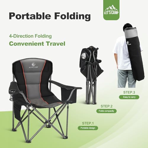 LET'S CAMP Folding Camping Chair Oversized Heavy Duty Padded Outdoor Chair with Cup Holder Storage and Cooler Bag, 450 LBS Weight Capacity, Thicken 600D Oxford
