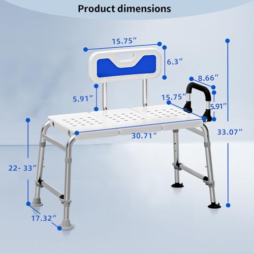 Extended Bath Tub Transfer Shower Bench for Inside Shower Bathtub to Sit On Chair Bathtubs Safety Seating Stool for Adults Handicap Seniors Elderly Disabled with Back Arms Bathroom Shower Stall