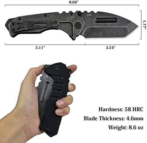 AUBEY Folding Pocket Knife with Tanto Tumbled 440C Steel Blade, Frame Lock, Black G10 Handle, Clip, Glass Breaker, Heavy Duty EDC Knife for Men Hunting, Magic Axe