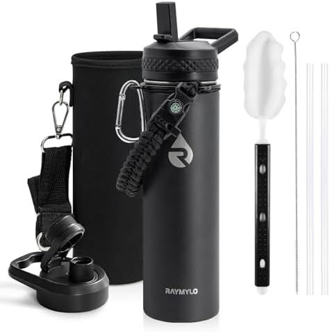 Insulated Water Bottle 20 oz, Triple Wall Vacuum Stainless Steel (Cold for 48 Hrs), Leak Proof & Non-BPA, Kids Water Bottle Jug for School with Straw Spout Lids, Magic Black