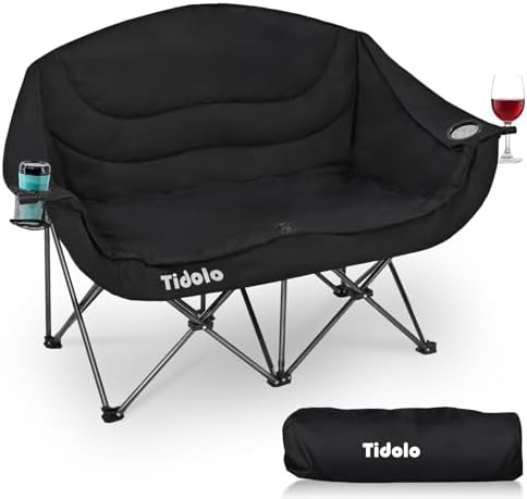 Double Camping Chairs, Oversized Loveseat Camping Chairs for Adults, Outdoor Folding Chairs Lawn Chairs Camping Couch with Cup Holder & Wine Glass Holder for Outside - Support 600Lbs (Black)
