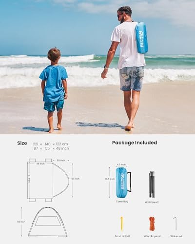 OutdoorMaster Beach Tent for 3 Person with 2 Doors, Easy Setup Sun Shade Shelter, Portable Beach Shade Sun Canopy with UPF 50+ UV Protection, Extendable Floor with Carrying Bag - Blue