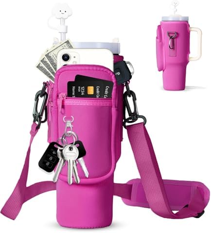 dabria Water Bottle Carrier Bag with Phone Pocket for Stanley 40/30 oz Tumbler Neoprene Water Bottle Holder Pouch with Adjustable Strap Bollus with Straw Cover & Carabiner for Stanley Cup Accessories