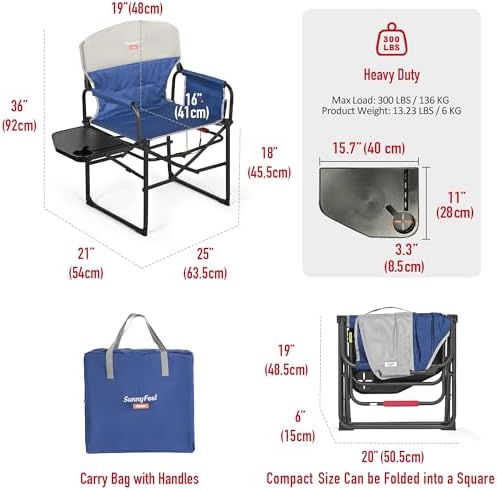 SUNNYFEEL Heated Camping Directors Chair, Heavy Duty,Oversized Outdoor Portable Heating Folding Chair with Side Table, Pocket for Beach, Fishing,Trip,Picnic,Lawn,Concert Foldable Camp Chairs
