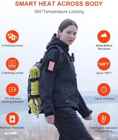 DEWBU Heated Jacket for Women with 12V Battery Pack Winter Outdoor Soft Shell Electric Heating Coat