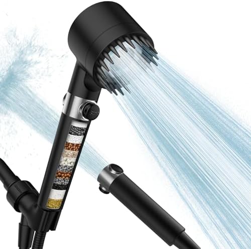 Filtered Shower Head with Handheld, High Pressure 3 Spray Mode Showerhead with 18 Stage Water Softener Filters for Hard Water - Remove Chlorine-BLACK