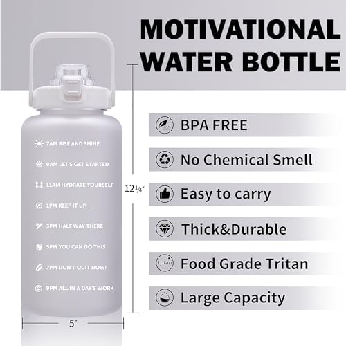64oz,100oz,128oz Large Motivational Water Bottle with Time Marker, Leakproof & BPA Free Half Gallon Big Water Bottle with Straw Handle Tritan Frosted Water Jug for Gym,Fitness,Outdoor Sports