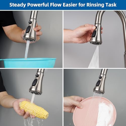 Hibbent Pull Down Kitchen Faucet Head Replacement, 3-Function Kitchen Faucet Head Sink Spray Nozzle with 15 Adapters Compatible with Moen, American Standard, Delta, Kohler Faucets, Brushed Nickel