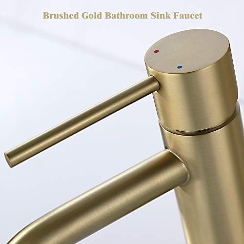 Brushed Gold Bathroom Faucet Single Hole, JXMMP Brass Single Handle Bathroom Sink Faucet with Pop Up Drain Assembly and 6 inch Deck Plate