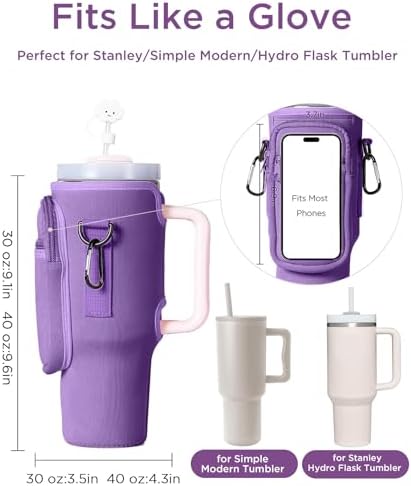 dabria Water Bottle Carrier Bag with Phone Pocket for Stanley 40/30 oz Tumbler Neoprene Water Bottle Holder Pouch with Adjustable Strap Bollus with Straw Cover & Carabiner for Stanley Cup Accessories