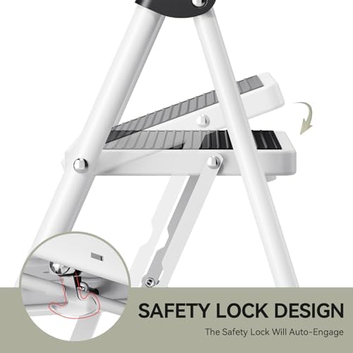 KINGRACK Step Ladder 4 Step Folding Step Stool for Adults with Handrails Heavy Duty Steel Sturdy Lightweight Collapsible Portable Step Ladder with Anti-Slip Wide Pedal,White