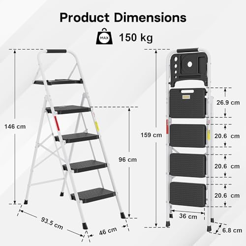 BONTEC 4-Step Ladder, 400lbs Max Load, Folding Step Stool with Tool Tray, Anti-Slip Pedals, Sturdy Steel, Lightweight Portable Ladder with Handrail for Home & Work Use, White
