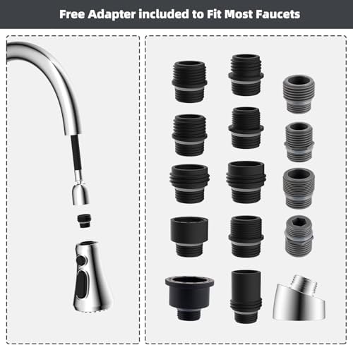 Hibbent Pull Down Spray Head for Kitchen Faucet, 3-Function Kitchen Sink Spray Nozzle with 15 Adapters, Faucet Head Replacement Compatible with Moen, American Standard, Delta, Kohler Faucets, Chrome
