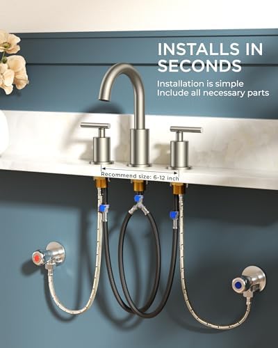 FORIOUS 8 In Widespread Brushed Nickel Bathroom Faucet 3 Hole with Metal Pop Up Drain and 24 Inch Supply Hose, 2 Handle 3 Hole Vanity Faucet for Bathroom Sink Brush Nickel with 360 Degree Swivel Spout