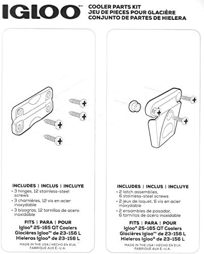 Igloo Cooler Plastic Parts Kit - Made in The USA - 2 Latches, 3 Hinges, Latch Post & Screws