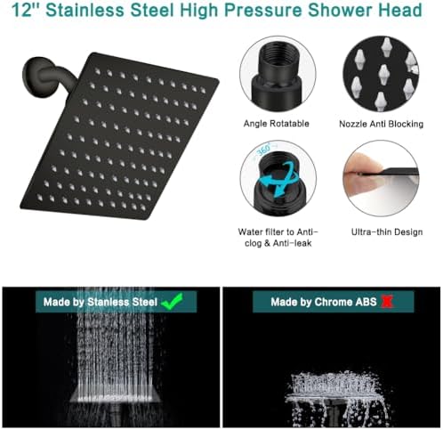 Shower Head, 12ββ High Pressure Rainfall/Handheld Shower Combo with 11'' Extension Arm, 9 Settings, Anti-leak Shower Head with Holder, Height/Angle Adjustable, Matte Black