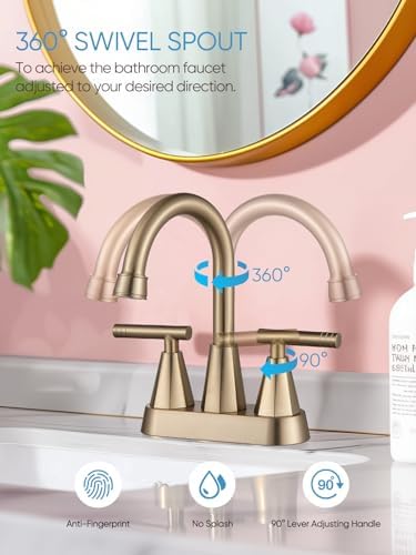 Cobbe Brushed Gold Bathroom Faucets, 4-Inch Bathroom Sink Faucet, 2 Handle Sink Faucet with Pop Up Drain and Water Supply Lines, Gold