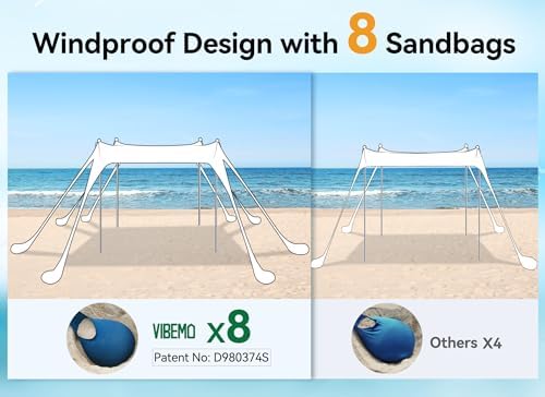 Beach Tent, Beach Canopy Sun Shade with UPF50+ UV Protection, 10x10ft, Includes 8 Sandbags, Sand Shovel, Ground Pegs & 4 Stability Poles, Pop Up Sun Shelter for Camping, Picnics, Backyard Fun