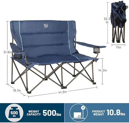 Timber Ridge 2 Person Folding Loveseat Comfortable Double Foldable Camping Chair Folding Lawn Chairs for Outside, Blue