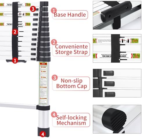 RIKADE Telescoping Ladder 12.5FT & Attic Ladder, Heavy Duty Aluminum with Non-Slip Feet, 330lb Capacity for RV, Attic, Roof & Multi-Surface Use