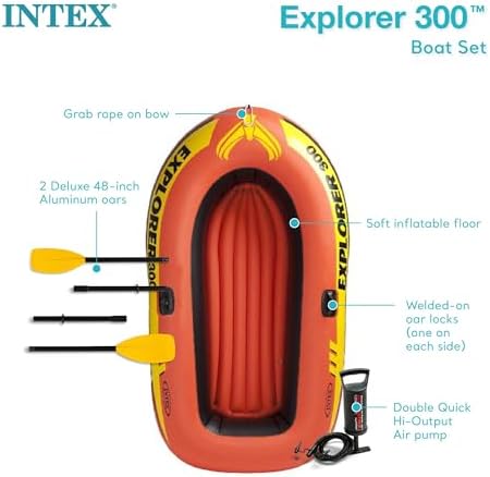 INTEX Explorer Inflatable Boat Series: Dual Air Chambers – Welded Oar Locks – Grab Handles – Bow Rope – Sporty Design