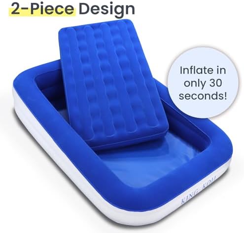 King Koil Luxury Toddler Inflatable Child Airbed, Travel Bed with Built-in Safety Bumper, Portable Air Mattress for Kids, Includes High-Speed Pump - Blue, 1-Year Manufacturer Warranty