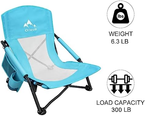 Oileus Low Beach Chair for Beach Tent/Shelter/Camping/Outdoor Ultralight Backpacking Folding Recliner Chairs with Cup Holder/Storage Bag, Carry Bag, Breeze Mesh Back, Compact Duty 2 Pcs