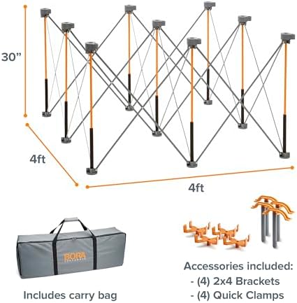 Bora Centipede 30in Folding Work Table Set - No Assembly 9-Strut Collapsible Table 3500lb Weight Limit - 4x4ft Mobile Work Station with Storage Bag, Foldable Work Bench Table - CK9S, Orange/Black