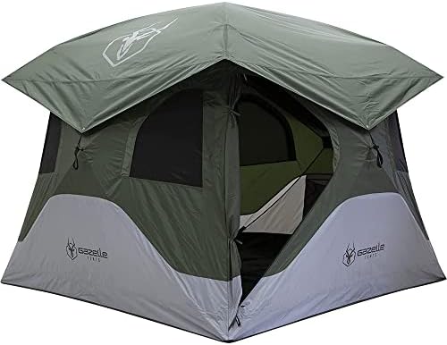 Gazelle Tents™ T4 Hub Tent, Easy 90 Second Set-Up, Waterproof, UV Resistant, Removable Floor, Ample Storage Options, 4-Person, Alpine Green, 78" x 94" x 94", GT400GR