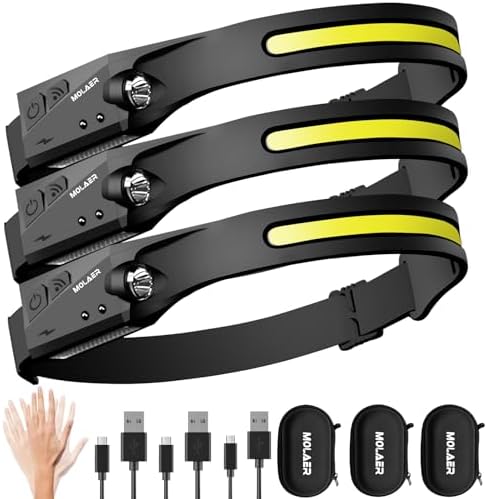 Headlamp Rechargeable, 230° Wide Beam Head Lamp, Motion Sensor LED Head lamp, 5 Modes Headlamps for Adults, Bright Head Lights for Forehead, Outdoor Camping Headlight