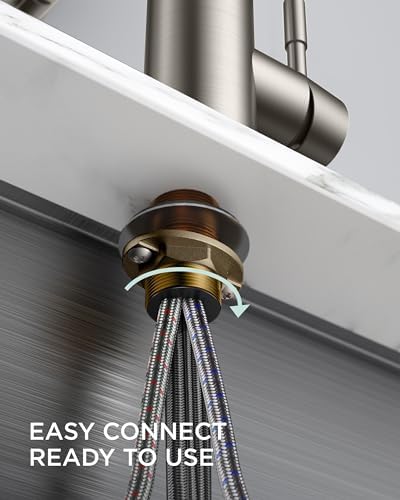 FORIOUS Kitchen Faucet with Soap Dispenser, Brushed Nickel Stainless Steel Spring Sink Faucet with Pull Down Sprayer Transitional Single Handle for Farmhouse Camper Laundry Camper