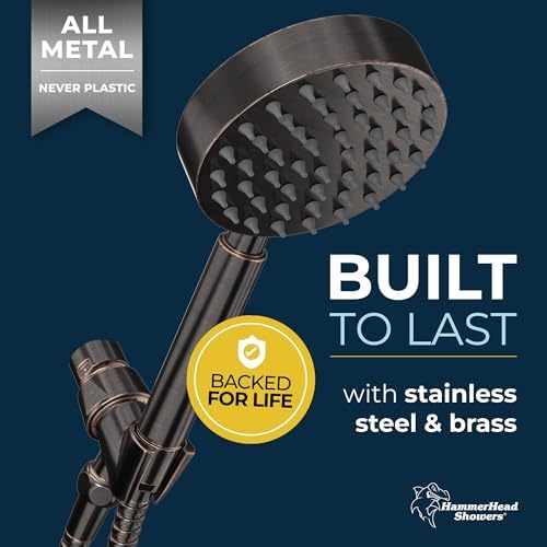 HammerHead Showers® ALL METAL Handheld Shower Head with Hose and Brass Holder - OIL RUBBED BRONZE - 2.5 GPM High Pressure Shower Heads with Adjustable Shower Wand Bracket - 6ft Flexible Extension
