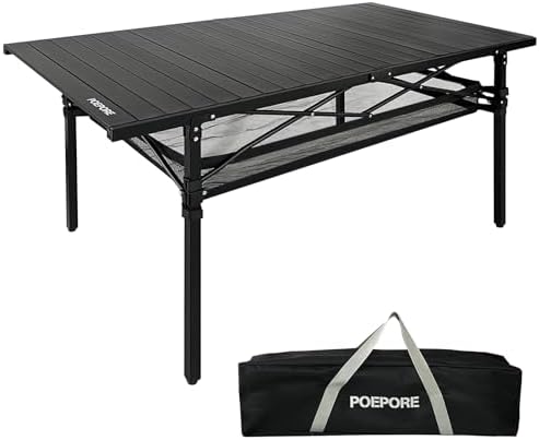 Large Folding Camping Table Aluminum with Storage for 4-6 People 55"X27.5" Roll Up Tall Outdoor Portable Table Lightweight with Carry Bag for Picnic BBQ Backyard Beach