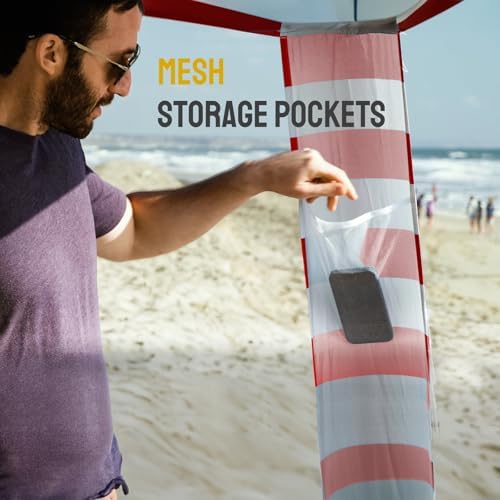 CROWN SHADES Beach Cabana 6.5 x 6.5, Cool Cabana Beach Tent Easy Pop Up - Beach Cabanas for Sand - UPF50+ Protection with Sidewall and More Pockets, Red