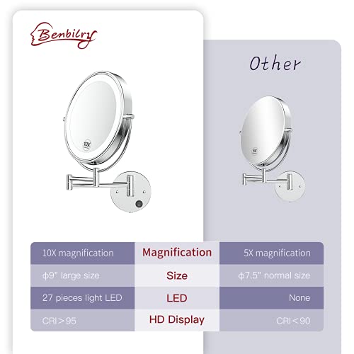 Benbilry 9" Large Size Wall Mounted Lighted Makeup Vanity Mirror, 1X/10X Magnifying Double-Sided AC Powered Bathroom Mirror, 360° Swivel 13 Inch Extendable